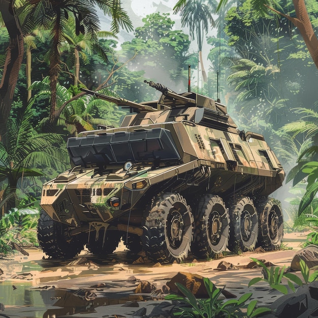 Photo the military vehicle rides through the jungle