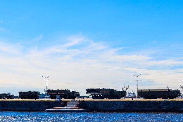 Military vehicles at a pier in Kronstadt Russia