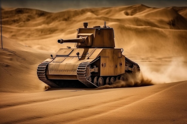 Military war tank speeding fast in the desert