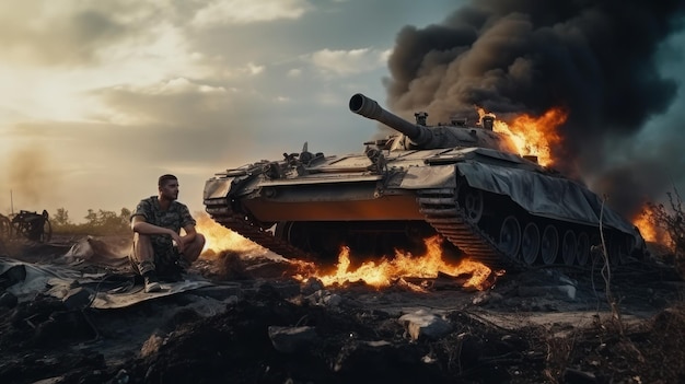 Military white men on a burnt tank