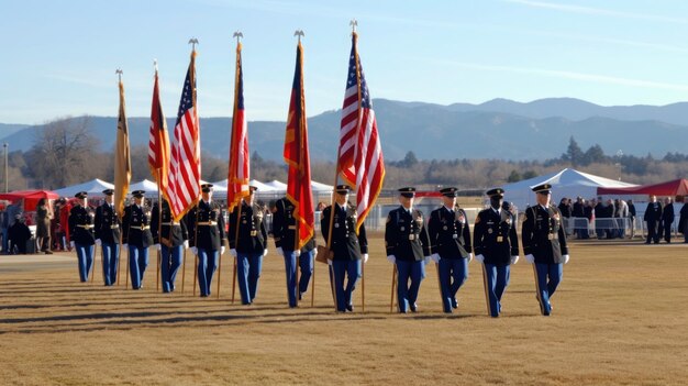 Photo military with a flag in training