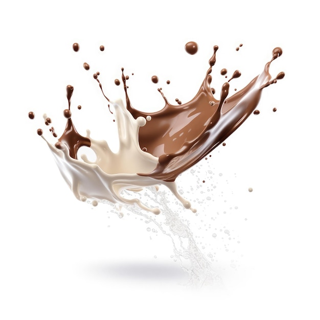 Photo milk a7 chocolate splash mixes and flying in white empty space
