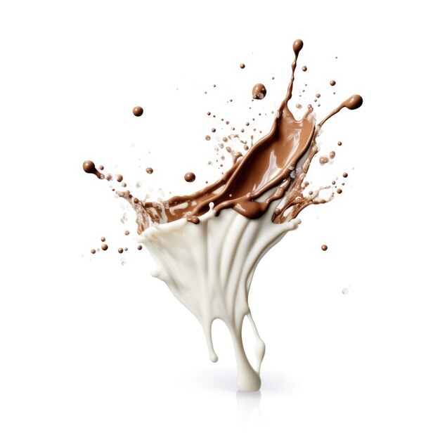 Photo milk a7 chocolate splash mixes and flying in white empty space