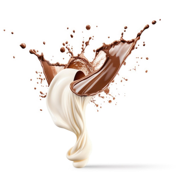 Photo milk a7 chocolate splash mixes and flying in white empty space