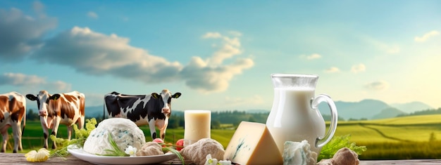Фото Молоко и молочные продукты на фоне луга с пастбищами коров генеративный ии природа
