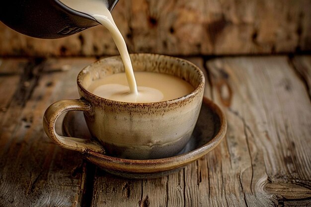 Photo milk being poured into a coffee cup for a cafe au lait