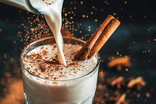 Foto il latte viene versato in un bicchiere con una spruzzatura di cannella