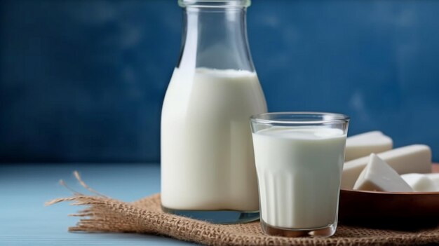 A milk bottle and glass on a wooden table against a blue backdrop GENERATE AI