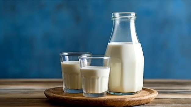 A milk bottle and glass on a wooden table against a blue backdrop GENERATE AI