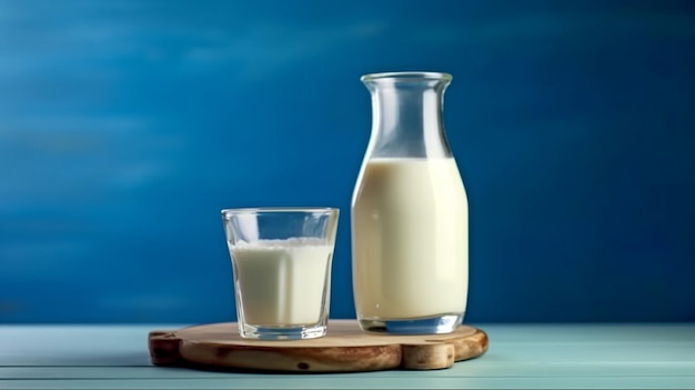 A milk bottle and glass on a wooden table against a blue backdrop GENERATE AI