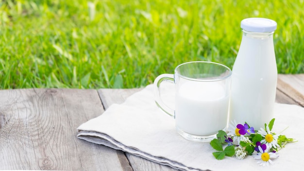 Milk bottle and mug with milk next to nature background