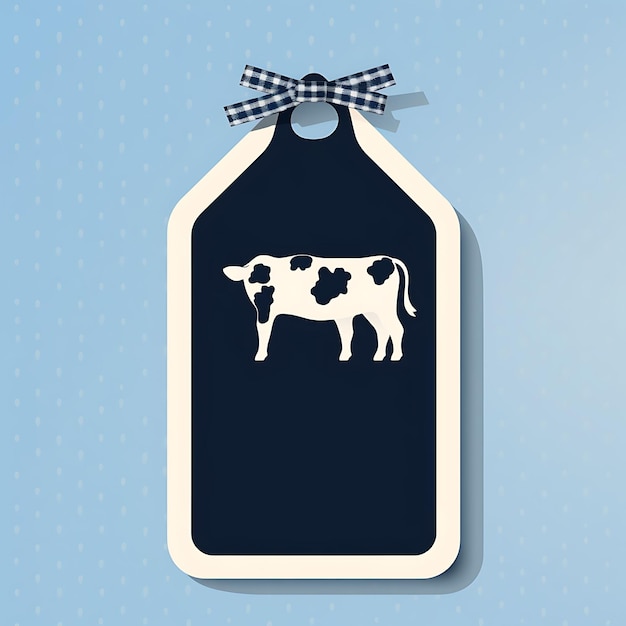 Фото Карточка-бирка в форме бутылки молока. синий цвет. фетровая коровья рамка. граница 2d-дизайна карты. креативная иллюстрация.