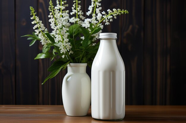 白い木製の背景にあるミルクのボトル (Generative IA)