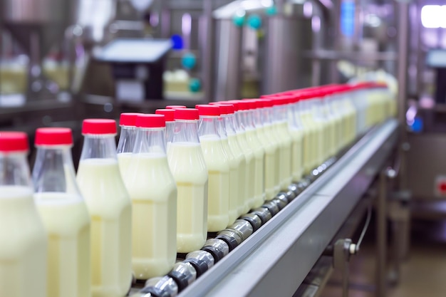 Milk bottles on a conveyor belt in a dairy factory