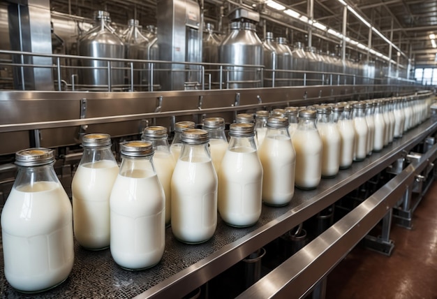 Photo milk bottles moving along a conveyor belt generative ai