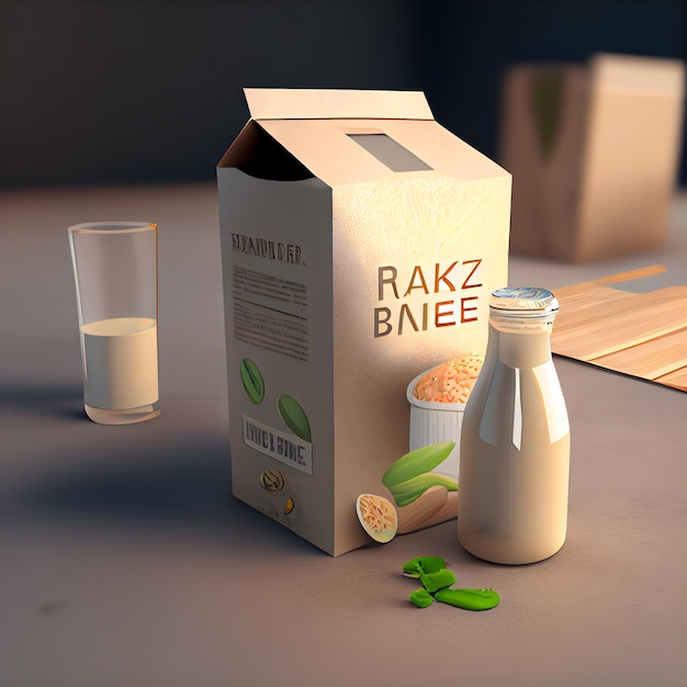 Photo milk box and glass of milk on table 3d rendering