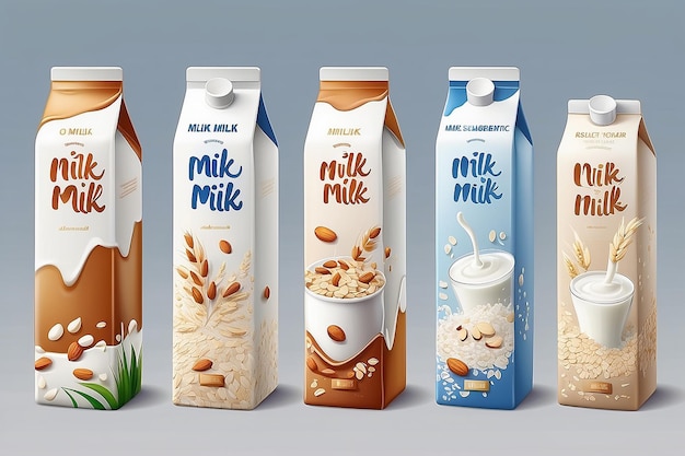 Photo milk boxes set vector realistic collection of regular milk oats soy rice and almond milk