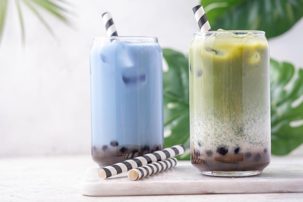 Milk bubble tea with tapioca pearls and honey