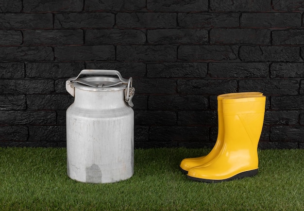 A milk can and a milk can sit on the grass.