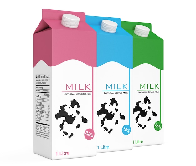 Foto scatole di cartone di latte su uno sfondo bianco. rendering 3d