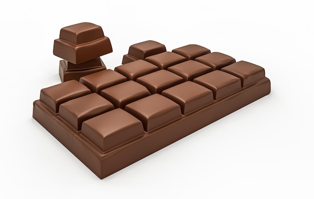 Milk chocolate bar and chocolate pieces isolated on white background from top view 3d illustration