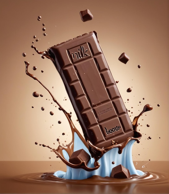 Milk chocolate bar with splashes and splashes suspended in the air