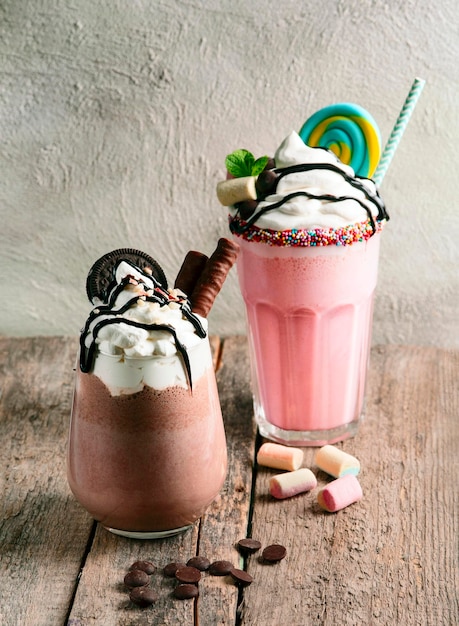 Milk chocolate cocktail and milk strawberry cocktail with\
sweets