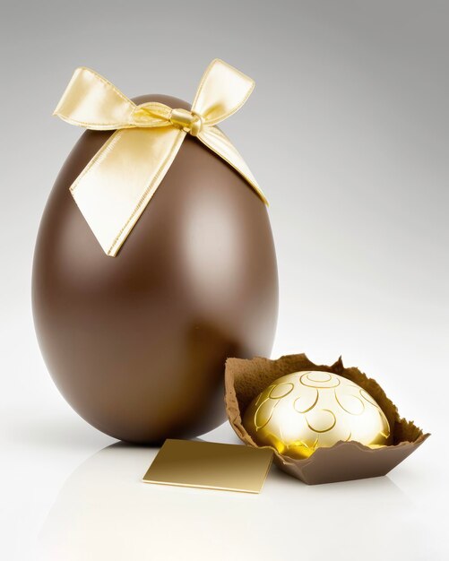 Milk chocolate easter egg with golden ornaments on white background