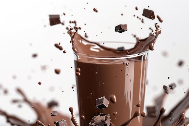 Photo milk and chocolate milk splashing out of glass isolated white background