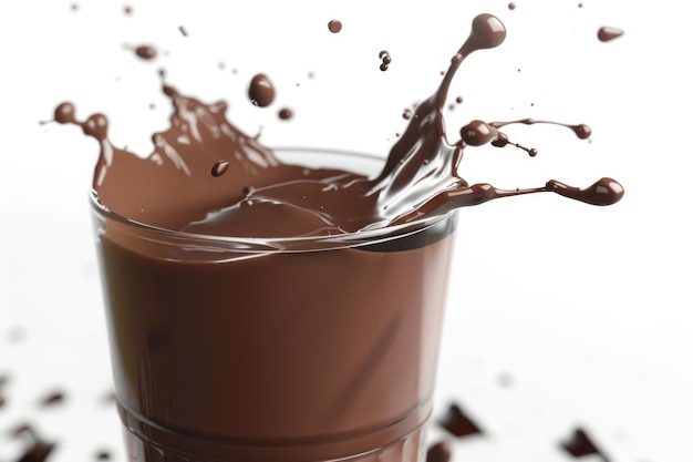 Foto latte e latte al cioccolato che sputa fuori dal vetro sfondo bianco isolato