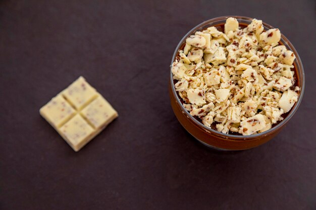 Milk chocolate mousse with chocolate shavings.