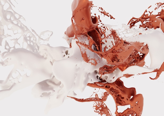 Foto latte e cioccolato trasformano due dolci torsioni nell'aria in un'immagine 3d