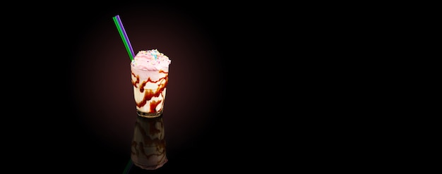 Milk cocktail with ice cream, summer drink with straw, over black background