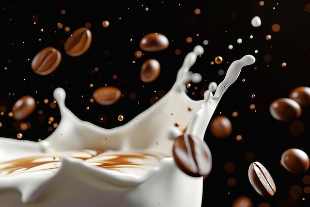 Milk coffee splash with coffee bean falling 3D on transparent background