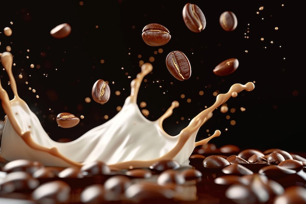 Photo milk coffee splash with coffee bean falling 3d on transparent background