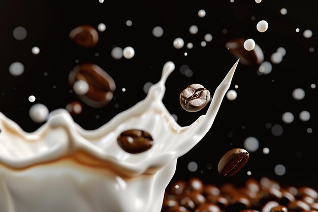 Milk coffee splash with coffee bean falling 3D on transparent background