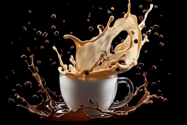 Photo milk coffee splash with coffee bean falling 3d on transparent background