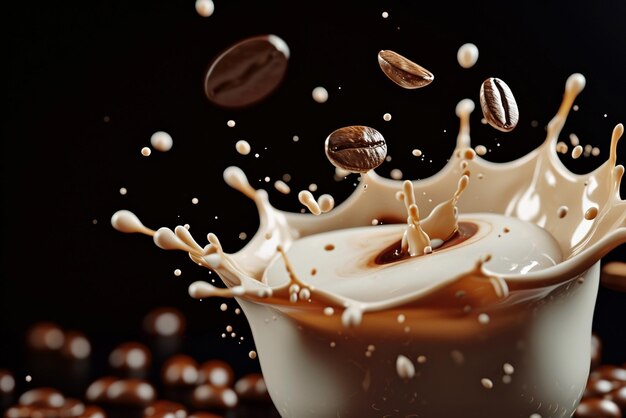 Milk coffee splash with coffee bean falling 3D on transparent background