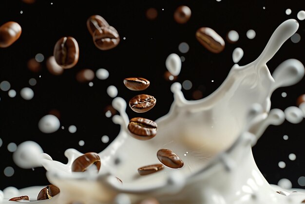 Milk coffee splash with coffee bean falling 3D on transparent background