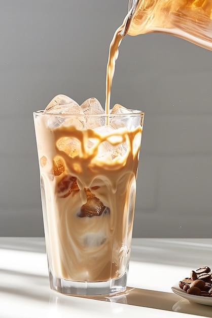 Milk cream is poured into iced cold brew coffee Generative AI