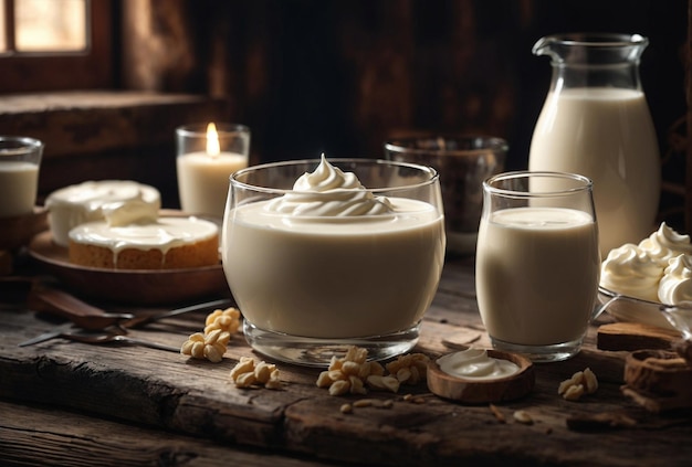 Milk and cream in rustic setting