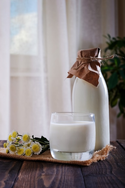 Milk and Dairy products on wooden table