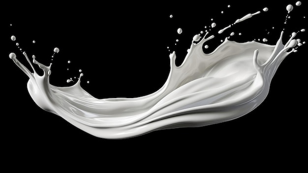 Photo milk flow with a splashes on black background 4k slow motion 3d vortex