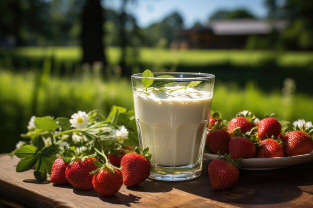 Milk and fresh strawberries in a healthy green background diet and nutritional lif generative IA