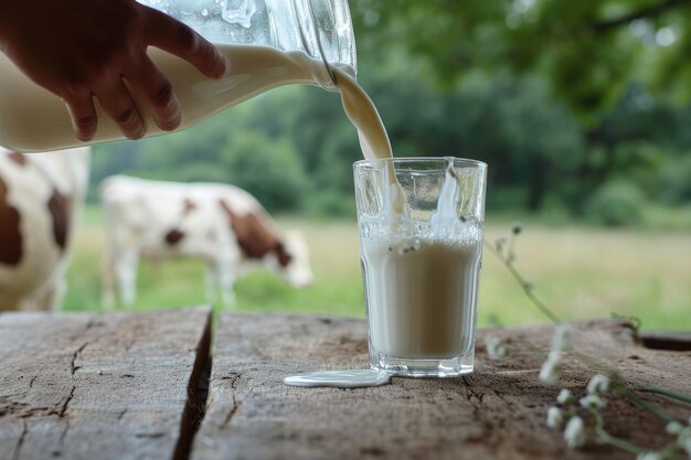 Photo milk from jug pouring into glass on table with cow on the meadow in the background