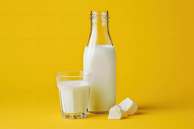 Milk in the glass and bottle on yellow background