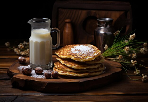 Milk in a glass and cookies on a wooden background