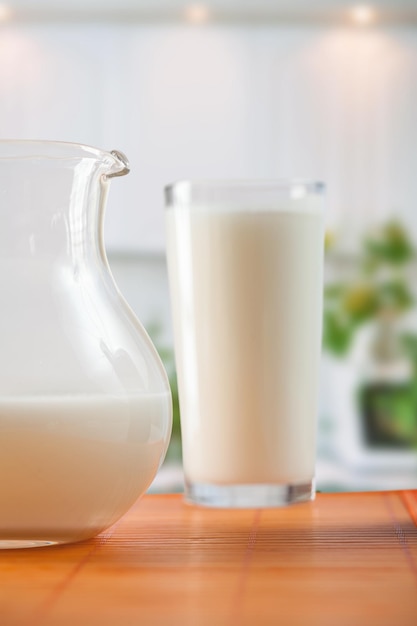 Milk in glass and jug on table