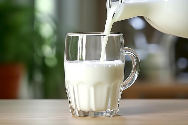 Milk in a glass and a jug on a wooden table