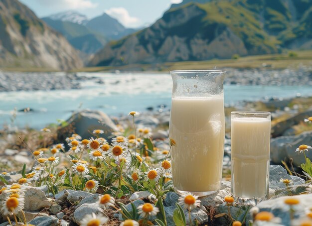 산의 배경에 우유와 우유 한 잔